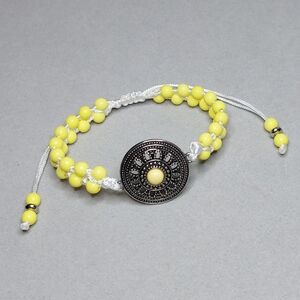 Yellow White Woven Beaded Silver Pendant Focal Adjustable Bracelet